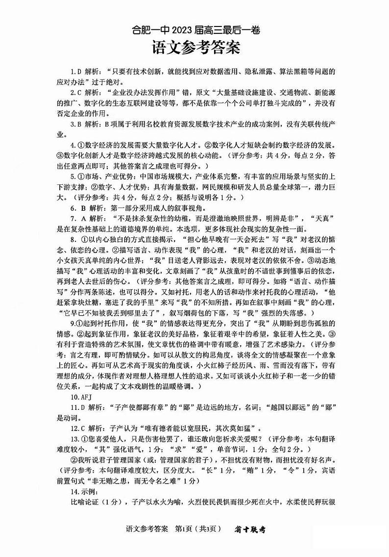 安徽省合肥市第一中学2023届高三最后一卷 语文答案和解析01