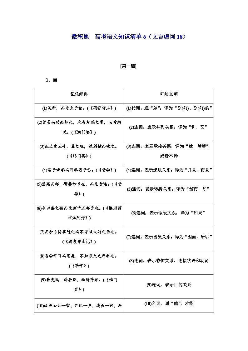 高考语文必备知识微积累专题06  18个必备文言虚词第1页