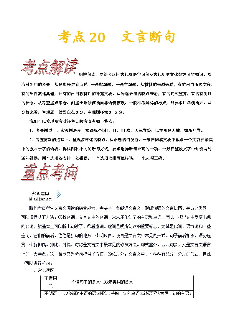 高考语文一轮复习考点一遍过考点20文言断句 （含答案）第1页