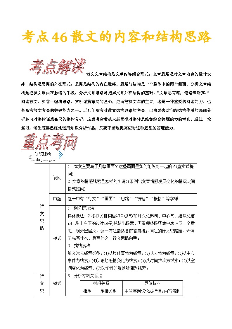 高考语文一轮复习考点一遍过考点46散文的内容和结构思路 （含答案） 试卷01