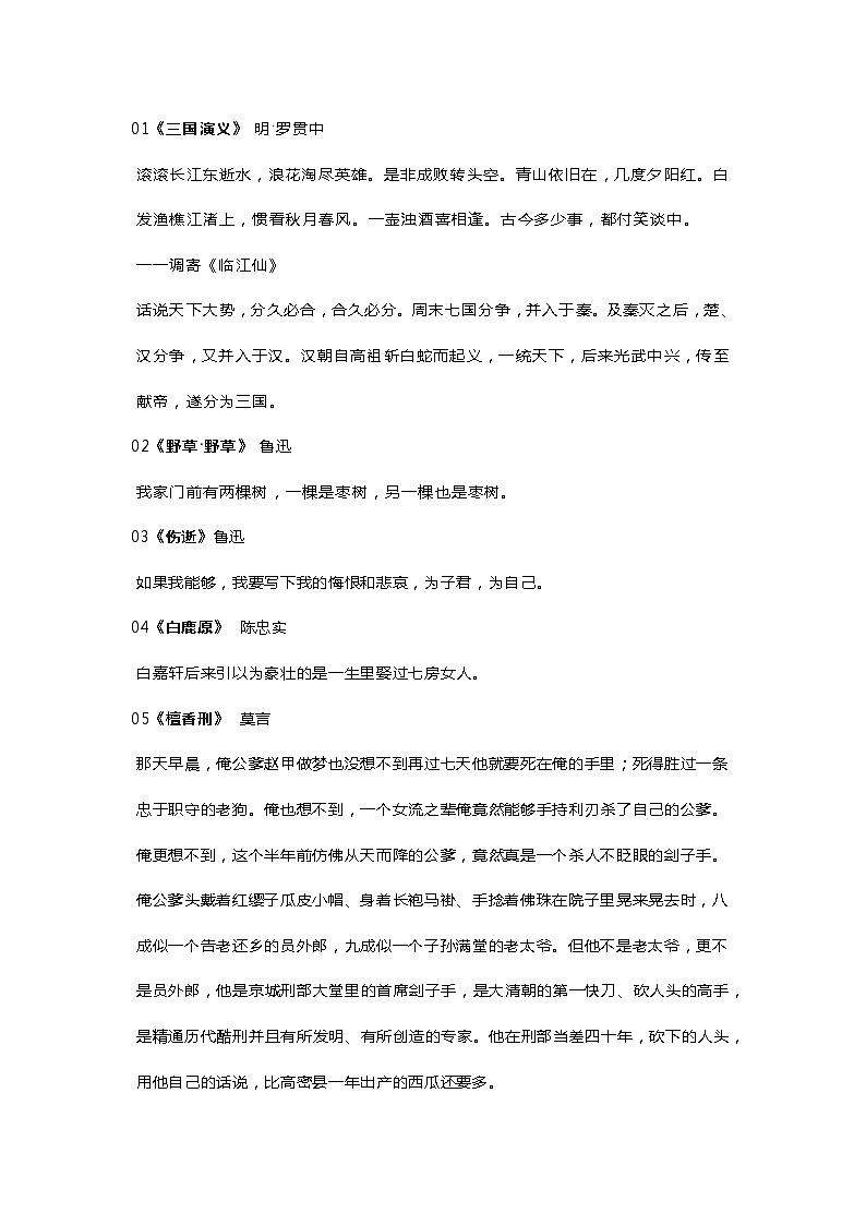 高中语文作文素材：40本名著的经典开头第1页