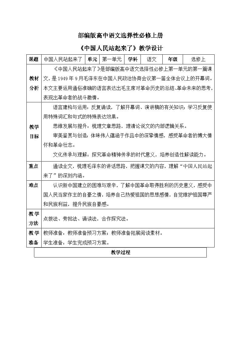 部编版高中语文选择性必修上册 第一单元01 《中国人民站起来了》课件+教案+练习题 试卷01
