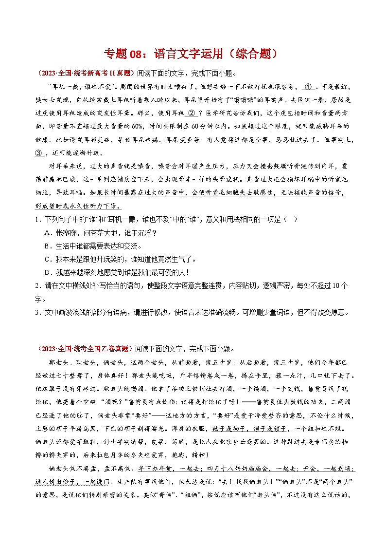 专题09 语言文字运用（综合题）-2023年高考真题和模拟题语文分项汇编（原卷版）01