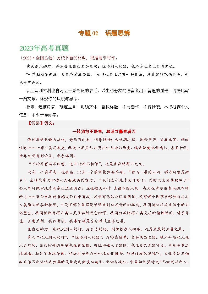 2021-2023年高考语文真题分项汇编（全国通用）大作文专题02话题思辨（Word版附解析）第1页