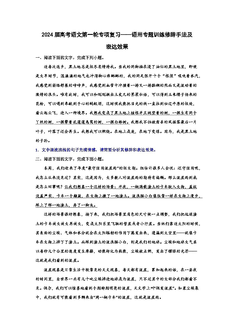 2024届高考语文第一轮专项复习——语用专题训练修辞手法及表达效果（含解析）第1页