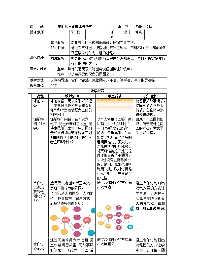高中语文（统编版）必修下册：《红楼梦》王熙凤、贾琏比较研究教案第1页
