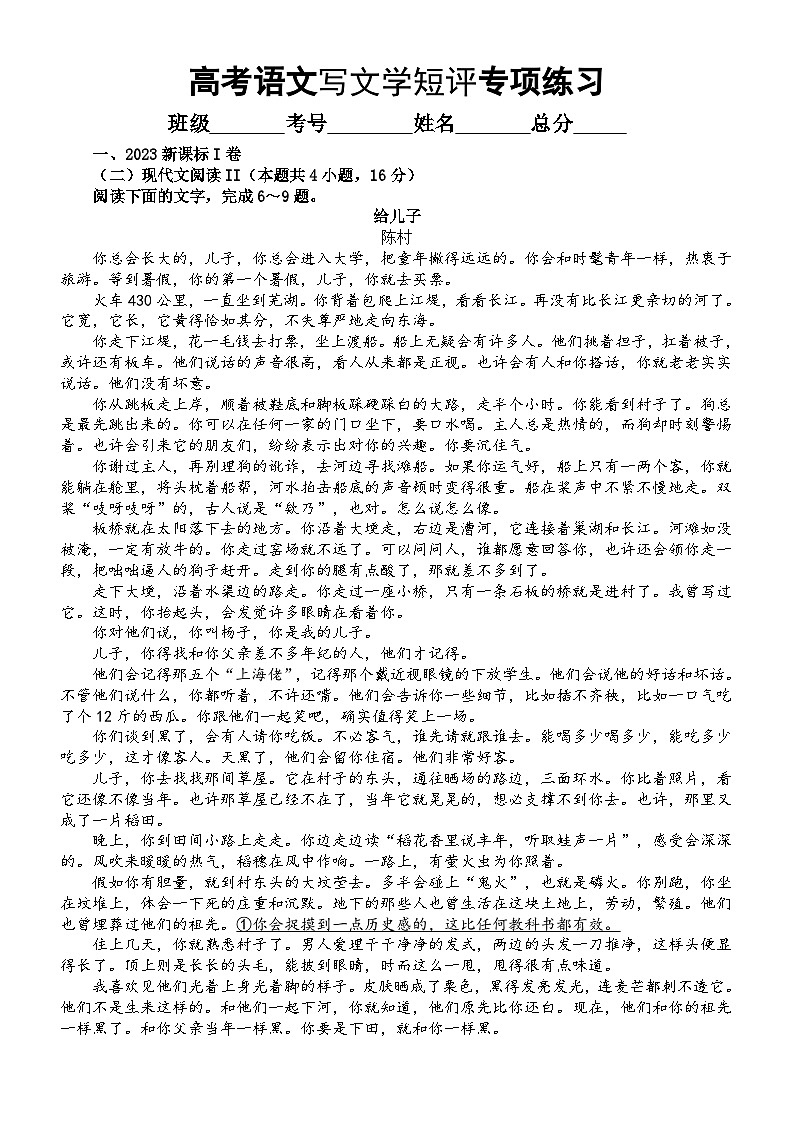 高中语文2024届高考复习写文学短评专项练习（新题型）（共四道真题模拟题，附参考答案）第1页