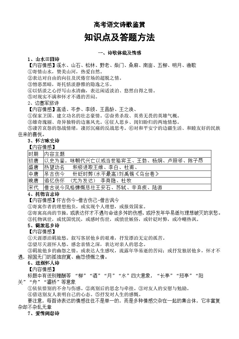 高中语文2024届高考复习诗歌鉴赏知识点及答题方法整理第1页
