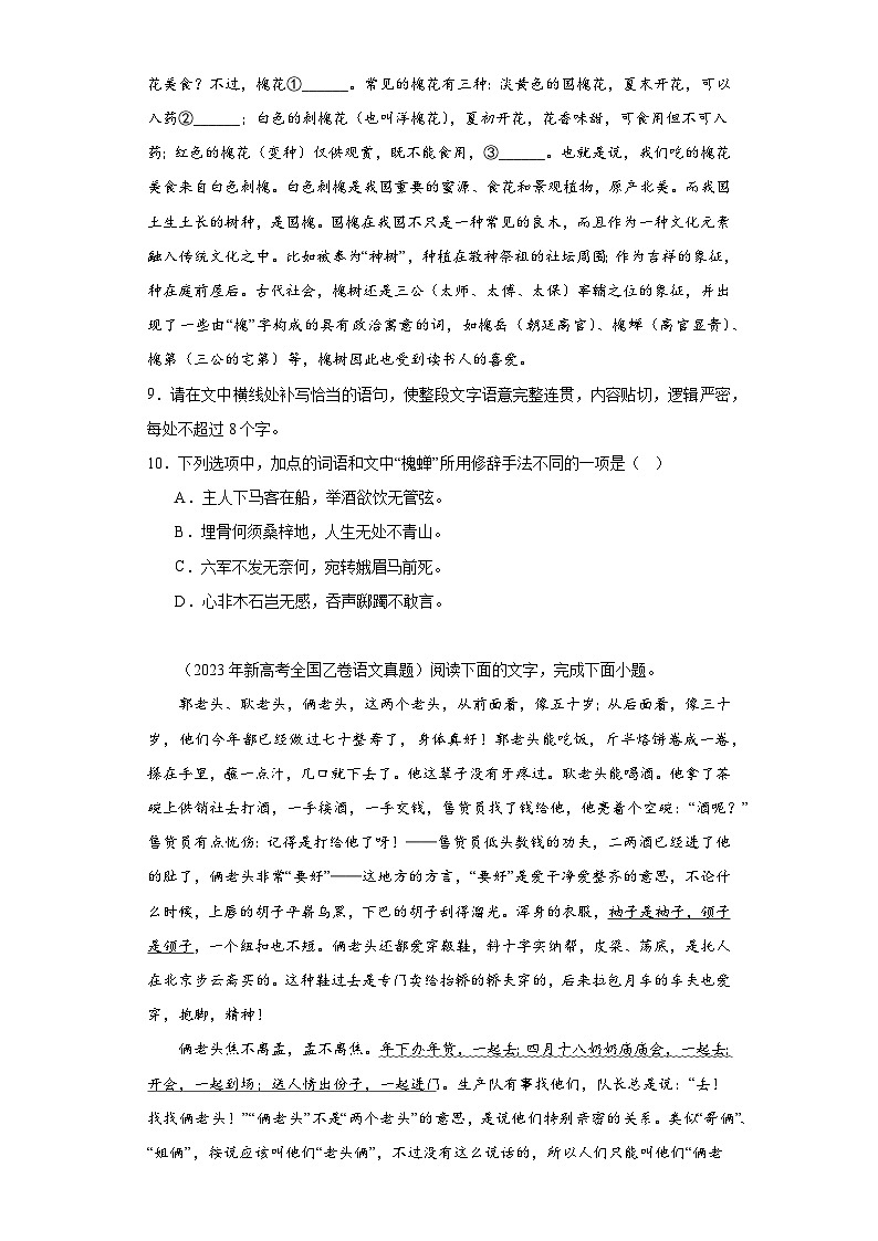 高考语文全国（甲、乙）卷3年（2021-2023）真题汇编-选择简答、选择题组、简答题组03