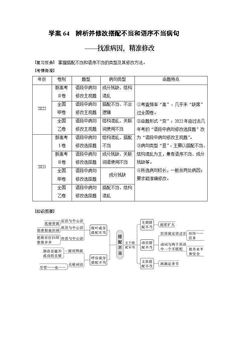 高考语文复习-- 学案64　辨析并修改搭配不当和语序不当病句——找准病因，精准修改01