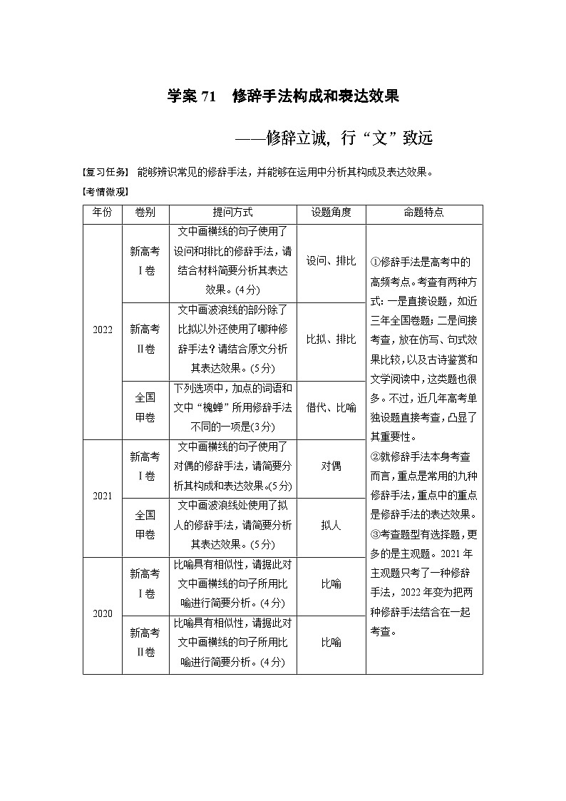 高考语文复习--学案71　修辞手法构成和表达效果——修辞立诚，行“文”致远第1页