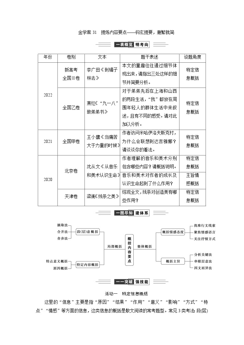 高考语文一轮复习--提炼内容要点——钩玄提要，删繁就简 试卷01