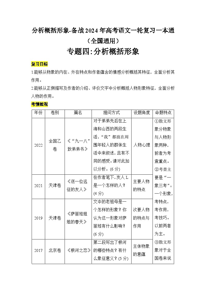 分析概括形象-备战2024年高考语文一轮复习一本通（全国通用）（原卷版）第1页
