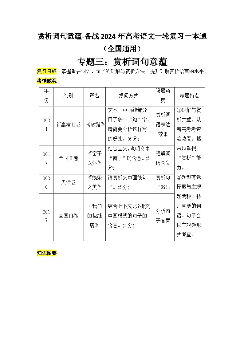 赏析词句意蕴-备战2024年高考语文一轮复习一本通（全国通用）（原卷版）第1页