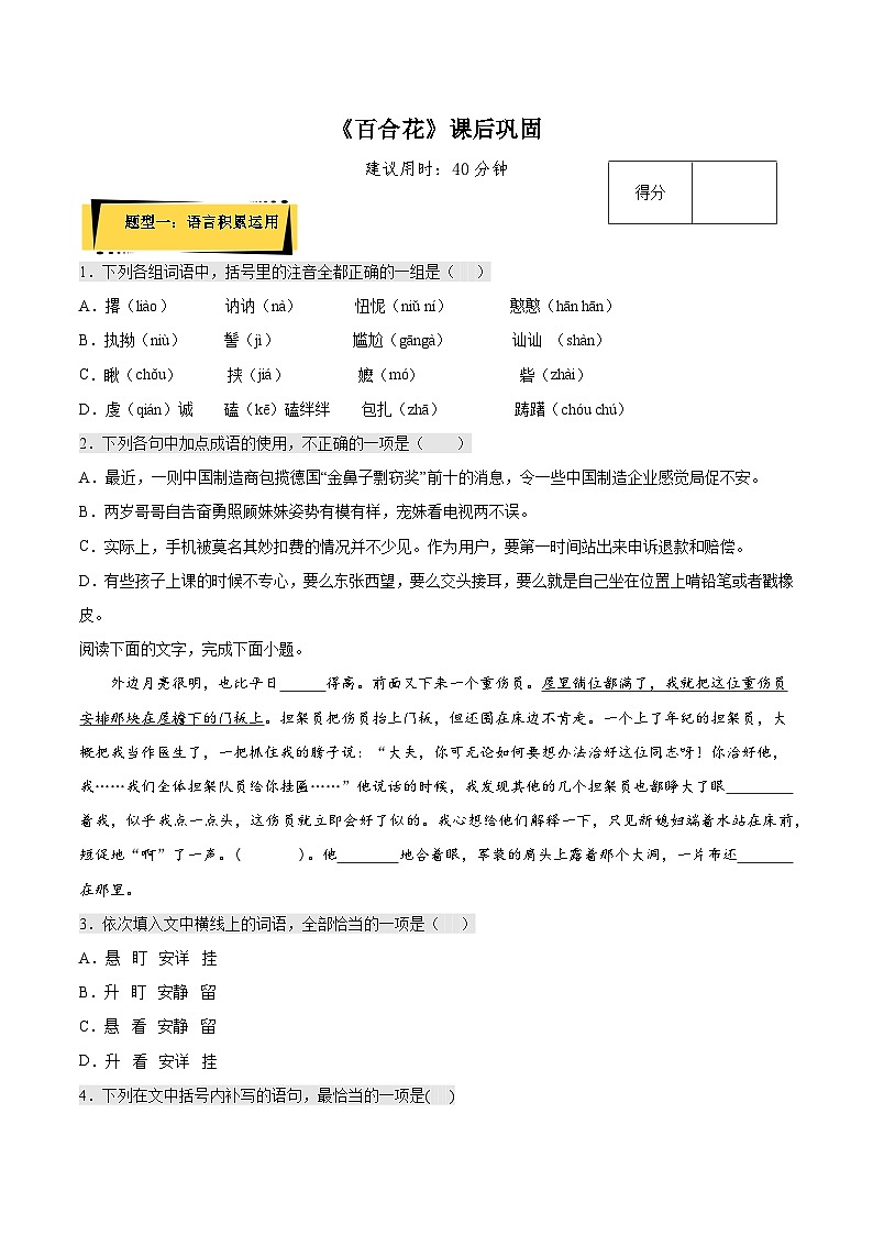 3.1《百合花》课后巩固（解析版+原卷版）-人教统编版语文必修上册01