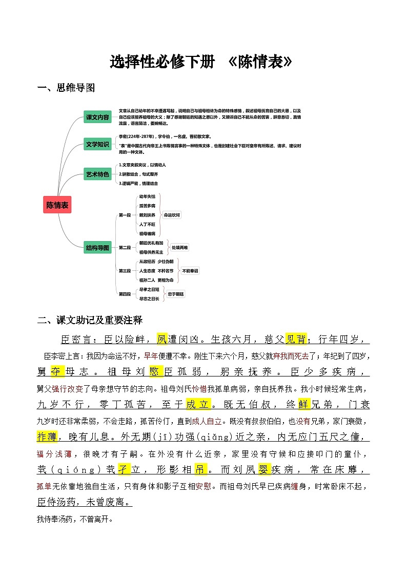 《陈情表》原文呈现+思维导图+挖空训练+句式+情景默写+素材运用-备战2024年新高考新教材课内必备文言文全面复习与素材运用（统编版）01