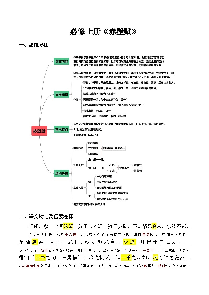 《赤壁赋》原文呈现+思维导图+挖空训练+句式+情景默写+素材运用-备战2024年新高考新教材课内必备文言文全面复习与素材运用（统编版）01