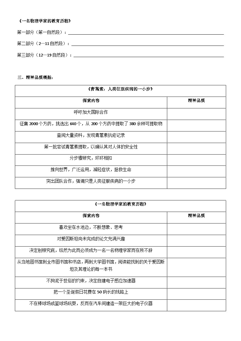 【同步导学案】统编版高中语文必修下册-- 第三单元  7.《青蒿素：人类征服疾病的一小步》《一名物理学家的教育历程》群文阅读导学案（无答案）第2页