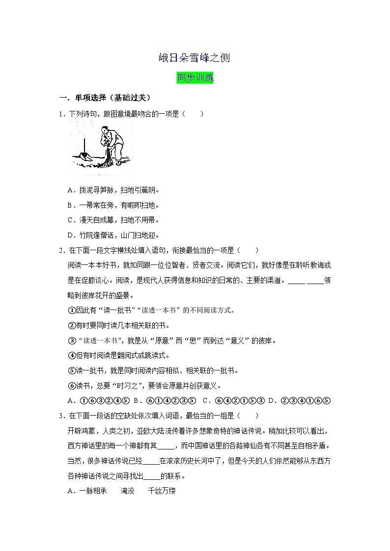 【同步练习】统编版高中语文必修上册--2.3《峨日朵雪峰之侧》同步训练试题（原卷版+解析版）01