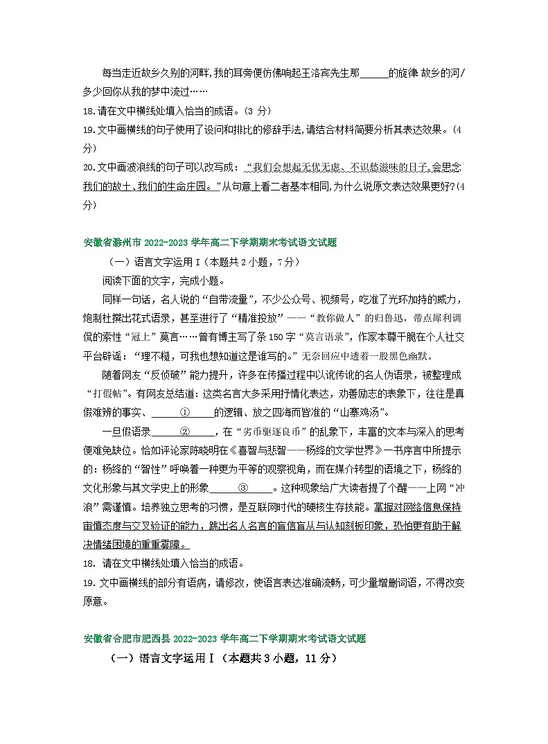 安徽省部分地区2022-2023学年下学期高二语文期末试卷分类汇编：语言文字运用Ⅰ第2页