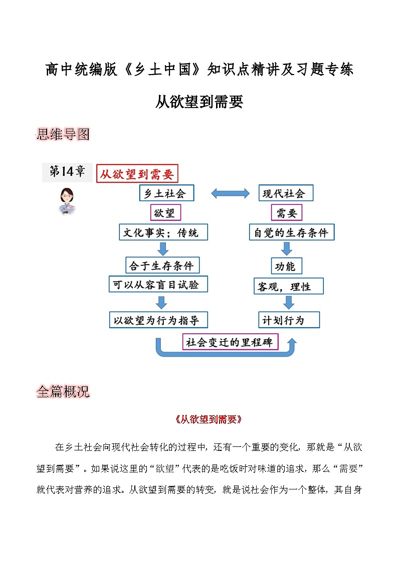 第十四章《从欲望到需要》（解析版）-高一语文整本书阅读之《乡土中国》思维导图+全篇概况+知识点详解+习题专练第1页