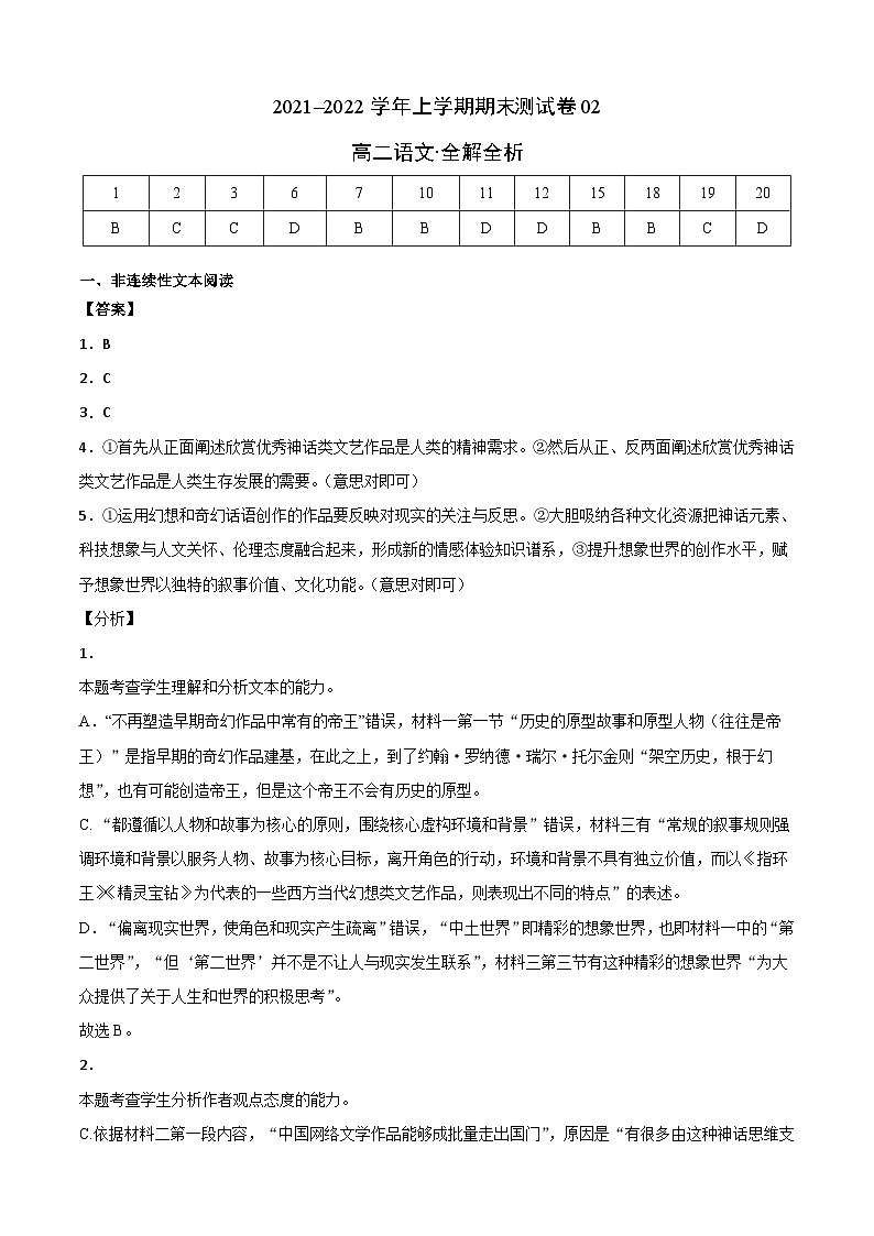 2021-2022学年高二语文上学期期末测试卷（部编版2021）02（全解全析）第1页