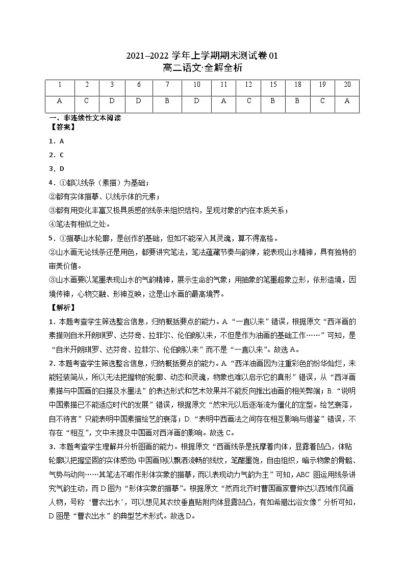 2021-2022学年高二语文上学期期末测试卷（部编版2021）01（全解全析）第1页