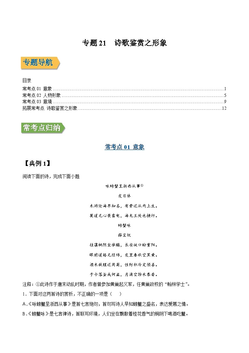 专题21 诗歌鉴赏之形象-2022年高三毕业班语文常考点归纳与变式演练（课标全国版）（解析版）第1页