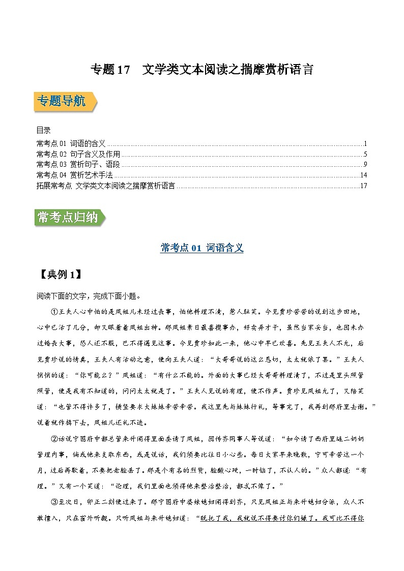 专题17 文学类文本阅读之揣摩赏析语言 -2022年高三毕业班语文常考点归纳与变式演练（课标全国版）（原卷版）第1页