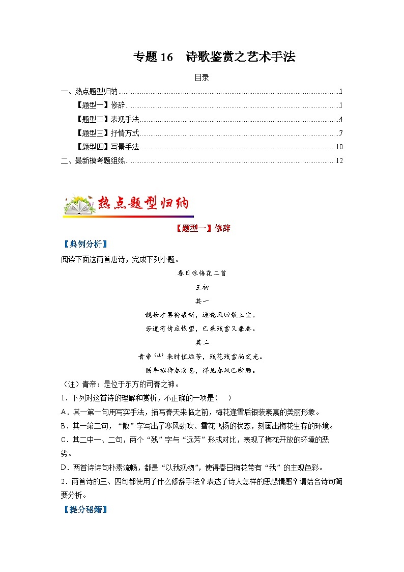 专题16 诗歌鉴赏之艺术手法-2022年高考语文毕业班二轮热点题型归纳与变式演练（全国通用）（原卷版）第1页