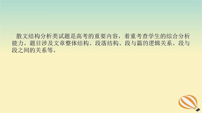 2024版新教材高考语文全程一轮总复习第二部分现代文阅读专题二现代文阅读Ⅱ文学类文本阅读复习任务群二散文阅读学案二题型透析二着眼主旨关注位置分析结构赏析句段作用课件第2页