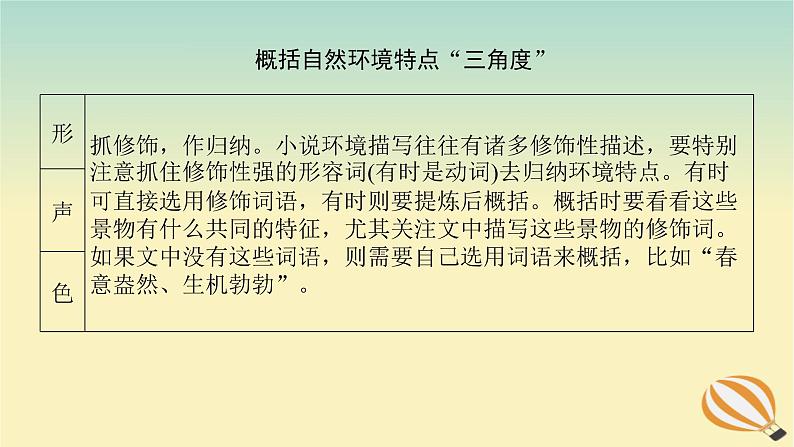 2024版新教材高考语文全程一轮总复习第二部分现代文阅读专题二现代文阅读Ⅱ文学类文本阅读复习任务群一小说阅读学案四明辨环境联系要素赏析环境描写课件第6页