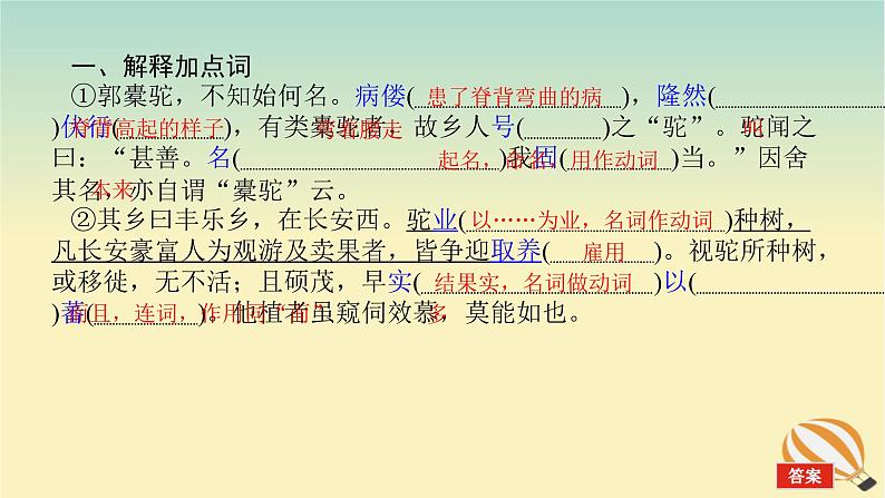 2024版新教材高考语文全程一轮总复习第一部分古诗文阅读专题一文言文阅读复习任务群一教材回顾构建联想基础种树郭橐驼传课件第2页