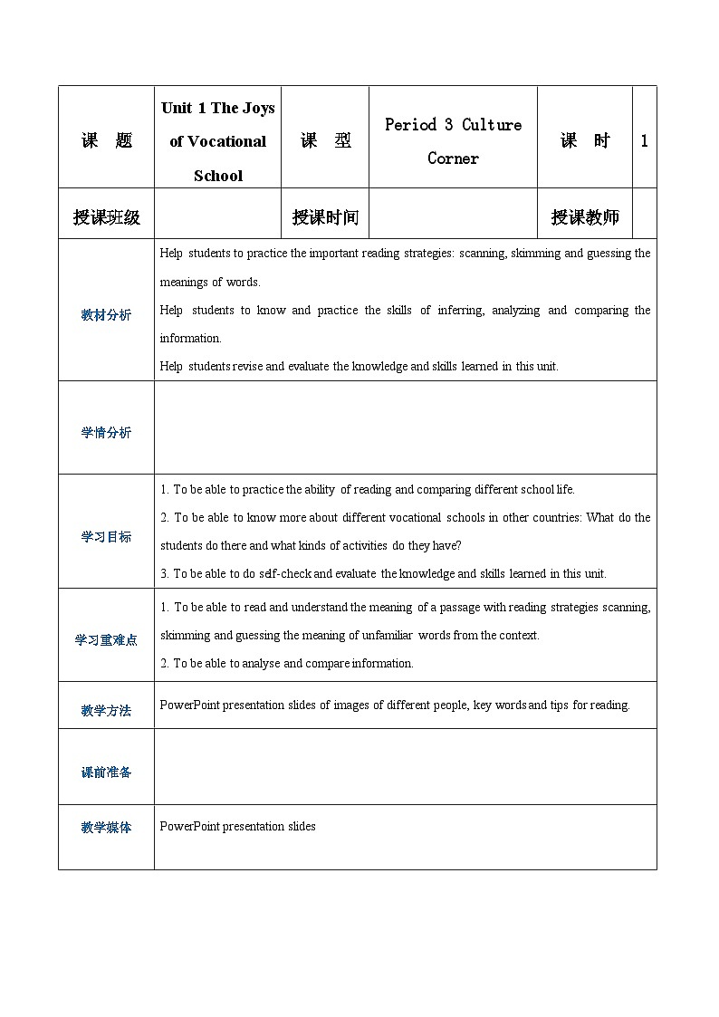 Unit 1 The Joys of Vocational School Period 3 Culture Corner教案-【中职专用】高一英语同步精品课堂（语文版2021·基础模块1）01