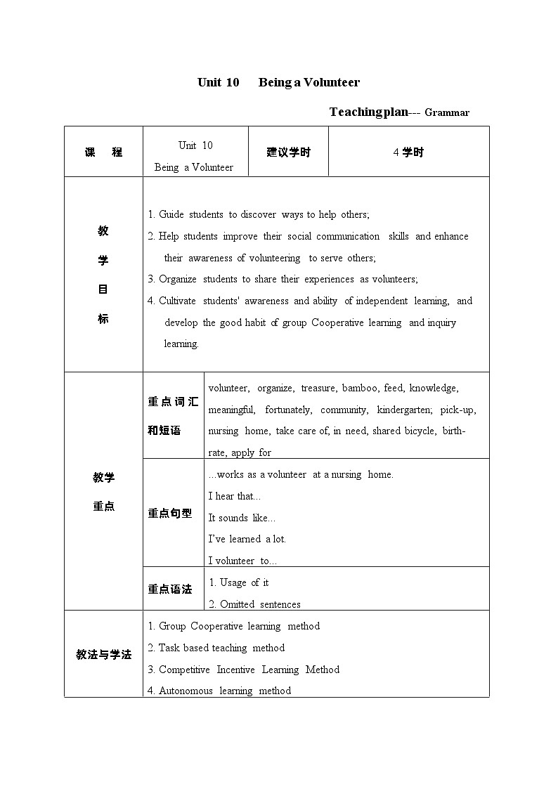 【中职专用】高中英语Unit 10 Being a Volunteer Grammar 教学设计-2022-2023学年中职英语语文版（2021）基础模块201
