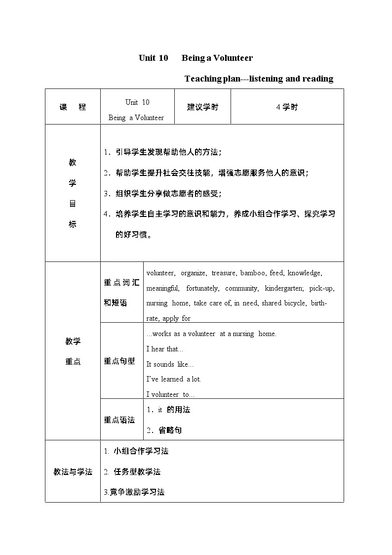 【中职专用】高中英语 Unit 10 Being a Volunteer Listening and Reading 教学设计-2022-2023学年中职英语语文版（2021）基础模块201
