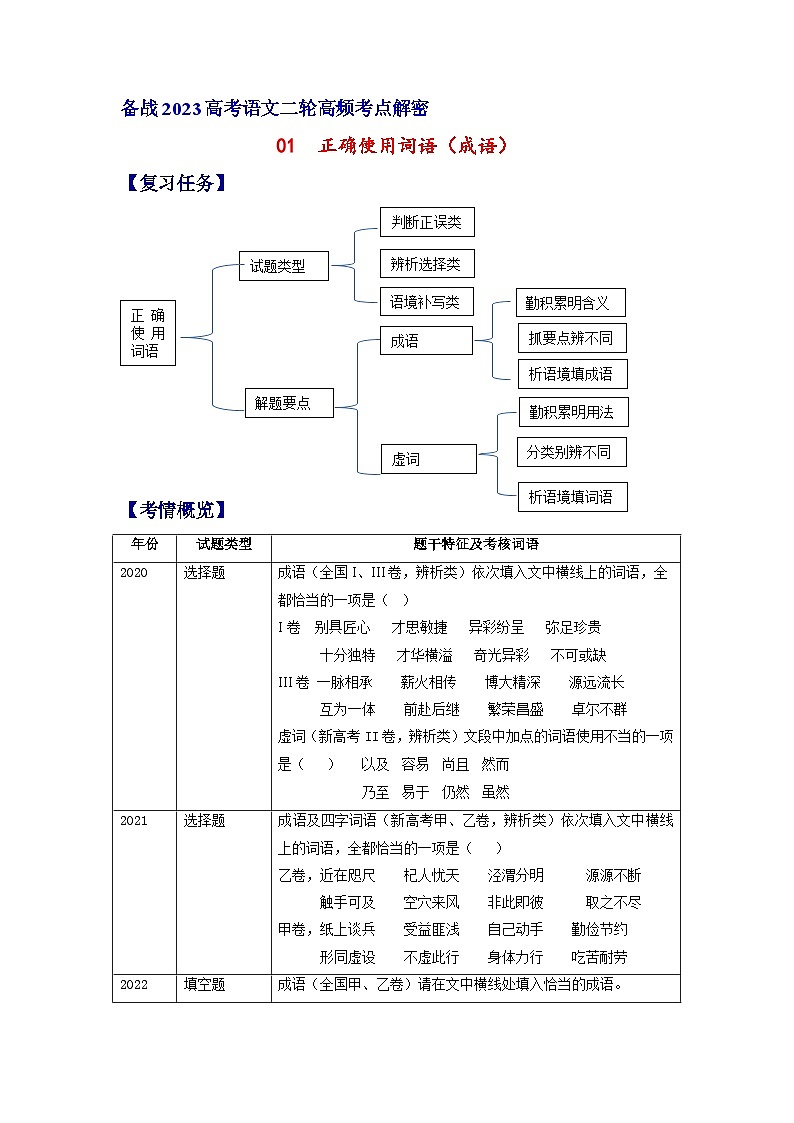解密01  正确使用词语（成语）（分层训练）-【高频考点解密】2023年高考语文二轮复习课件+分层训练（全国通用）（解析版）01
