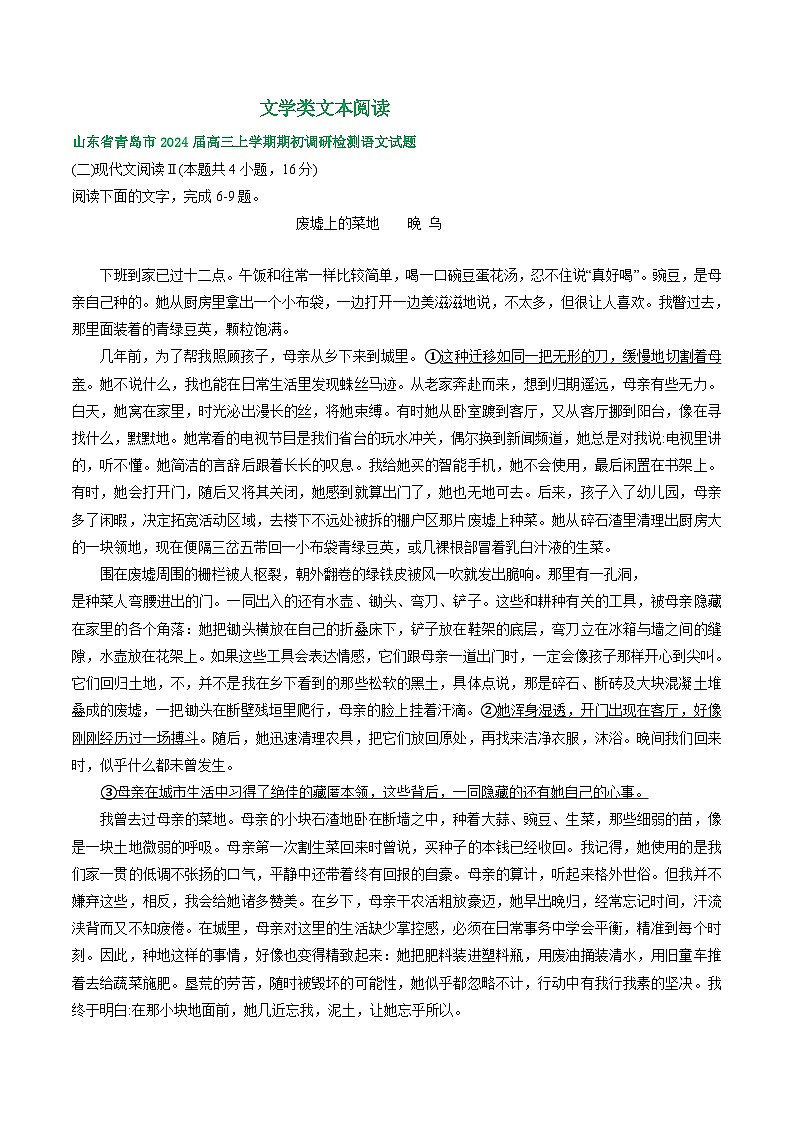 山东省部分地区2024届高三8月语文期初检测试卷汇编：文学类文本阅读第1页