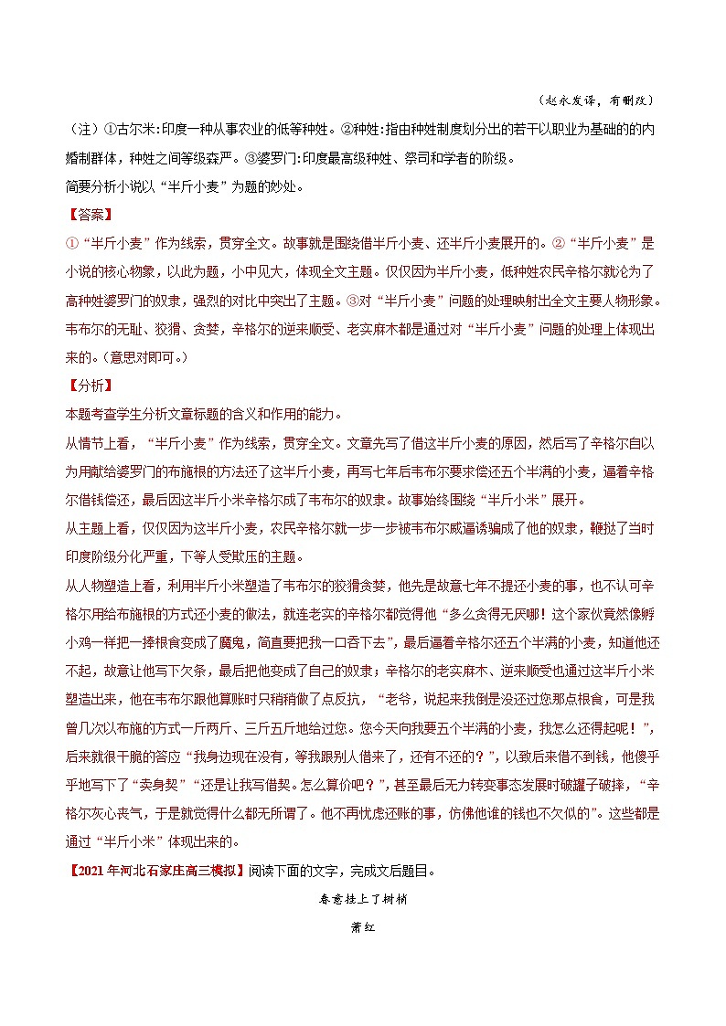 考点39 文学类文本阅读之标题类（解析版）-备战2022年高考语文一轮复习考点微专题（新高考版）03