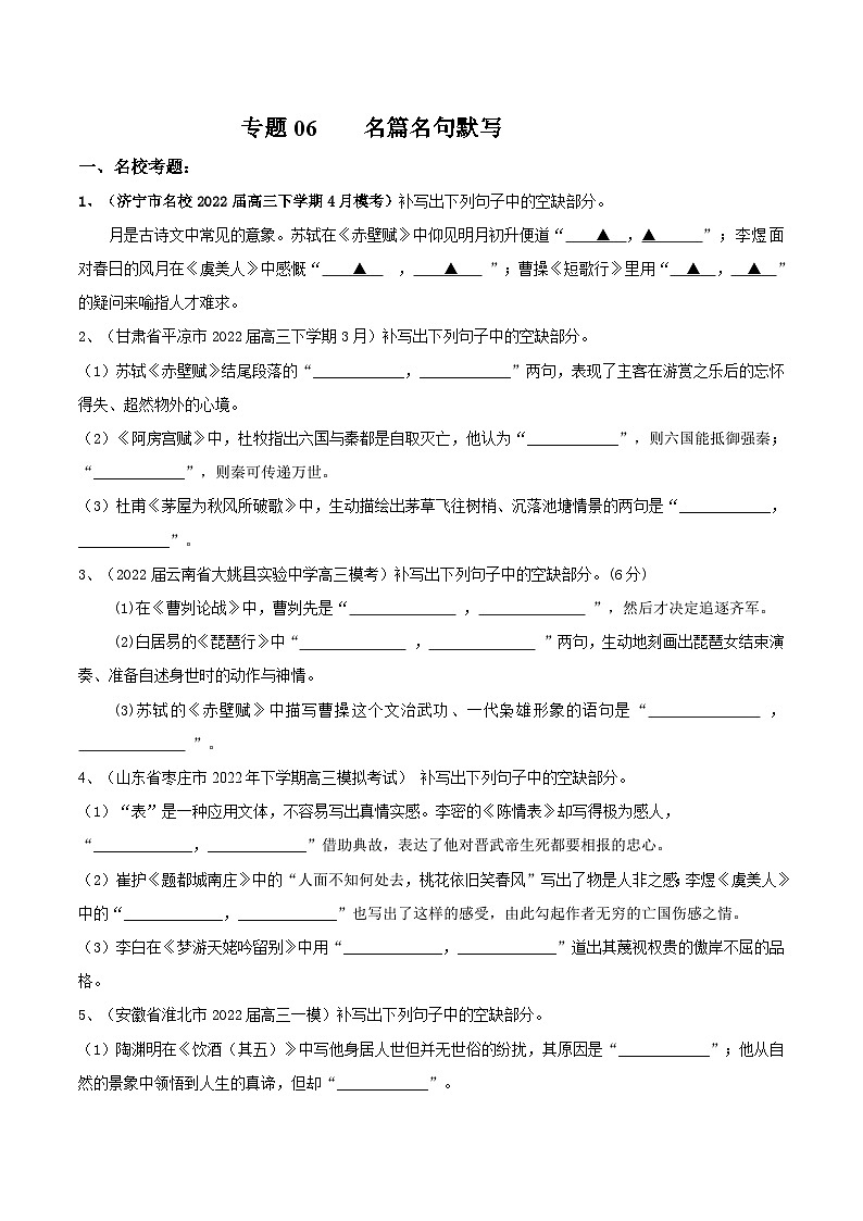 （五）  名篇名句默写（测）-2023年高考语文一轮复习讲练测（新教材新高考）（原卷版）01