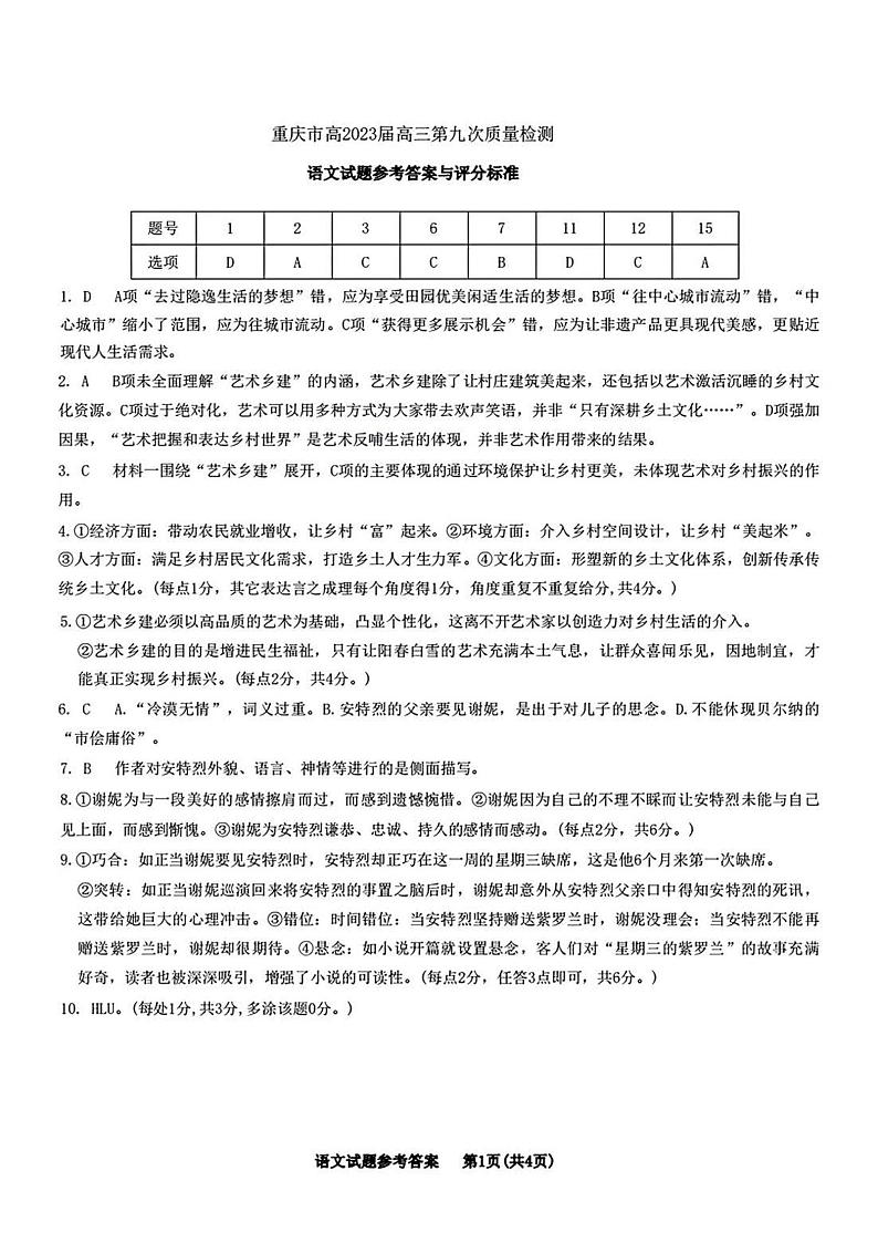 重庆市2023届高三下学期第九次质量检测语文答案第1页