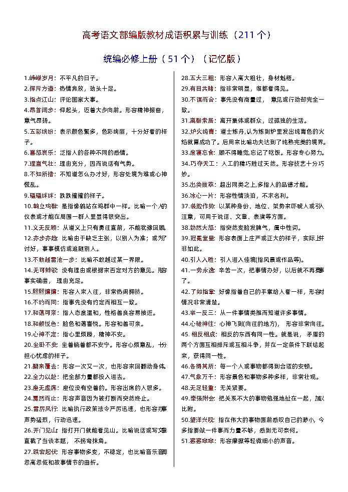 高考语文复习--部编版教材成语积累与训练（211个）01