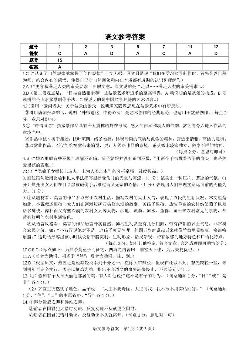 安徽省皖江名校2023-2024学年高二上学期开学联考语文答案第1页