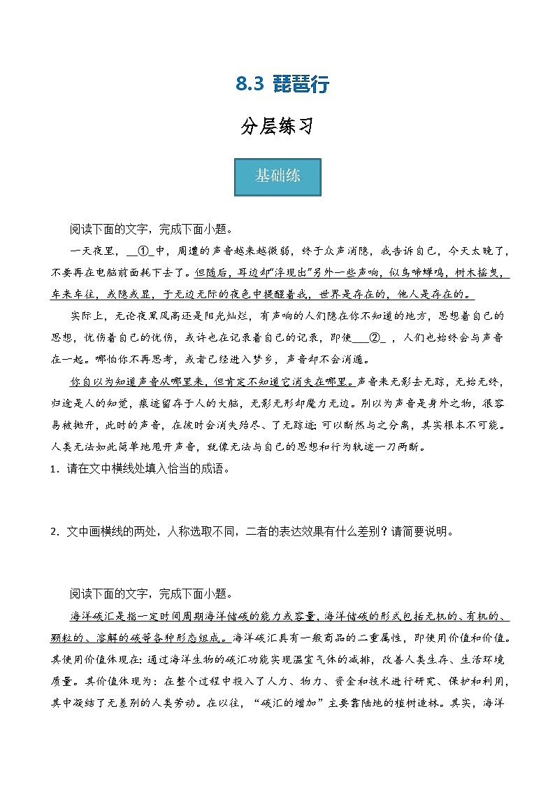 8.3《琵琶行》（分层练习）-2023-2024学年高一语文同步精品课堂（统编版必修上册）原卷版第1页