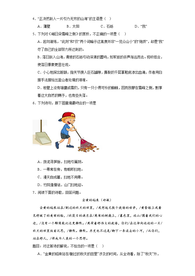 2.3《峨日朵雪峰之侧》检测卷2023-2024学年统编版高中语文必修上册02