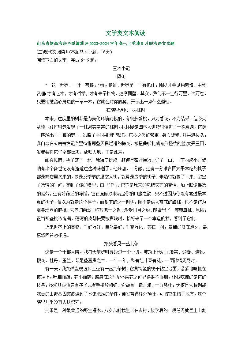 山东省部分地区2023-2024学年上学期高三9月语文试卷汇编：文学类文本阅读第1页