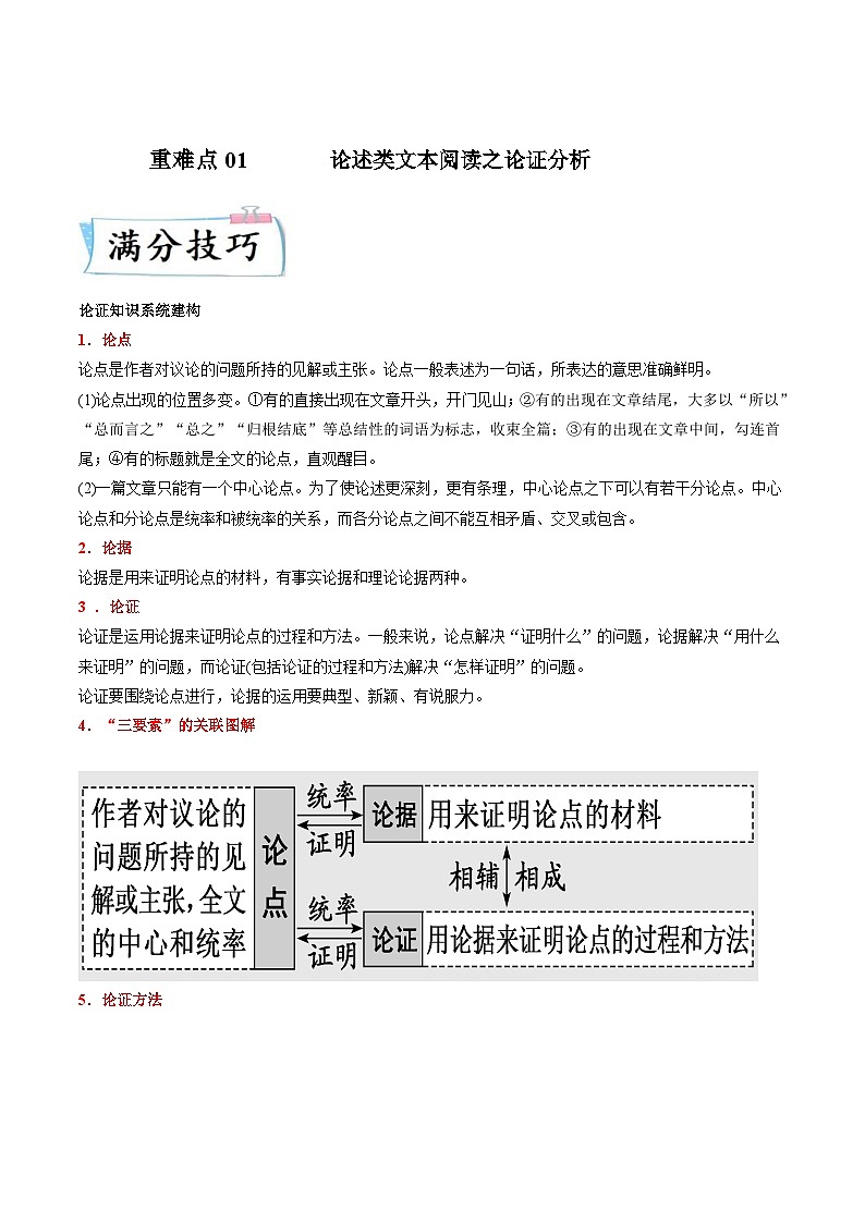 高考语文二轮复习满分技巧过关练习重难点01  论述类文本阅读之论证分析（含解析）第1页