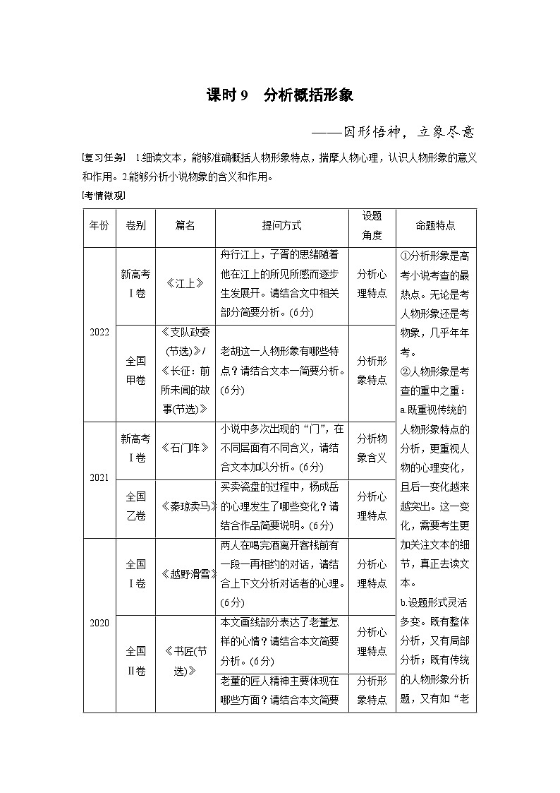 高考语文一轮复习课时练习 板块2 小说阅读 课时9　分析概括形象（含解析）01