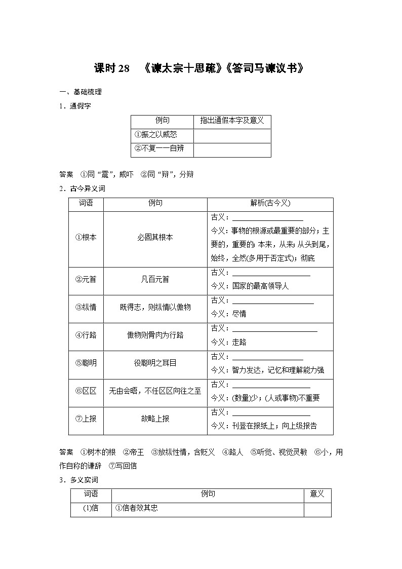高考语文一轮复习课时练习 板块5 第1部分 教材文言文复习 课时28　《谏太宗十思疏》《答司马谏议书》（含解析）01