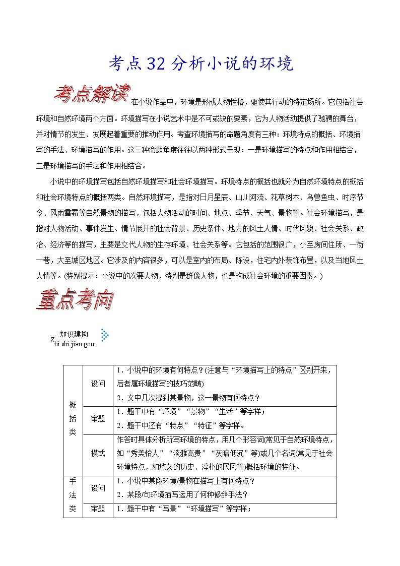 高考语文一轮复习考点巩固练习考点32 分析小说的环境（含解析）第1页